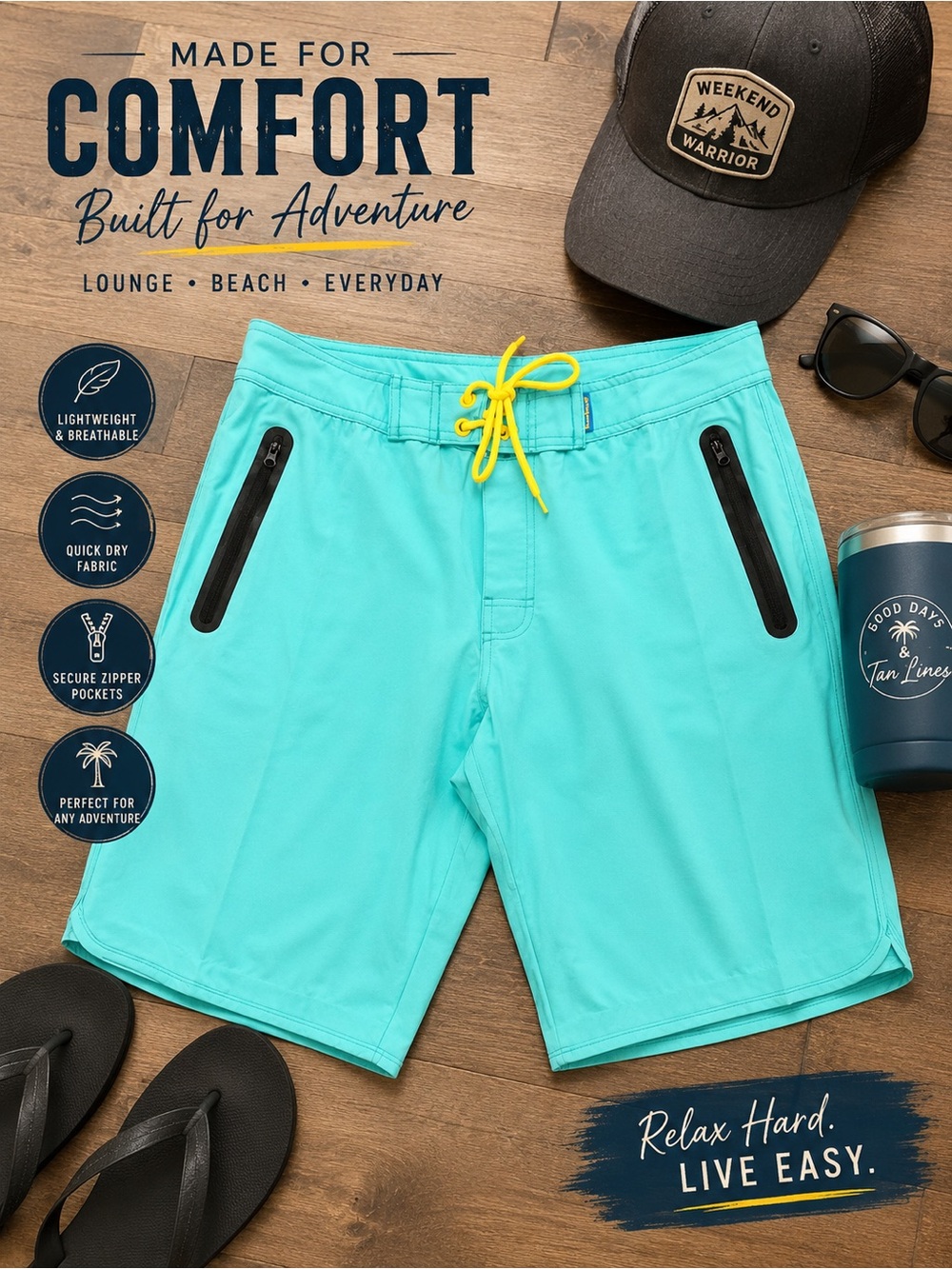 Banana Republic Aqua Swim Board Shorts with Yellow Drawstring